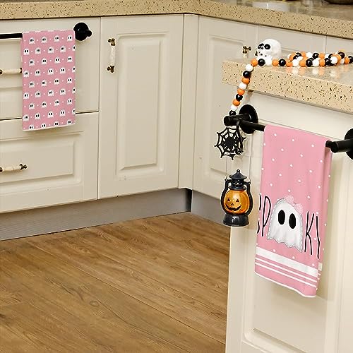 ARKENY Halloween Kitchen Dish Towels Set of 2,Pink Ghost Bowknot 18x26 Inch Drying Dishcloth,Farmhouse Home Decoration AD112