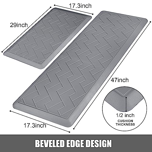 WEZVIX Non-Skid Kitchen Rugs and Mats Waterproof, Anti Fatigue Kitchen Mat 2 PCS, 1/2 Inch Thick Kitchen Floor Mat, Ergonomic Comfort Foam Standing Mat for Floor, Office, Sink, Laundry - Grey