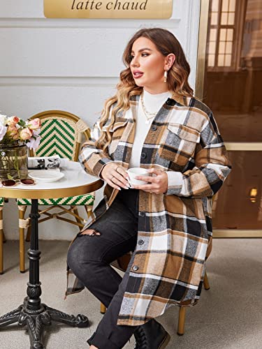 IN'VOLAND Womens Flannel Plaid Shirts Plus Size Long Sleeve Lounge Khaki Brown Long Button Down Jacket Shacket Coats 16W