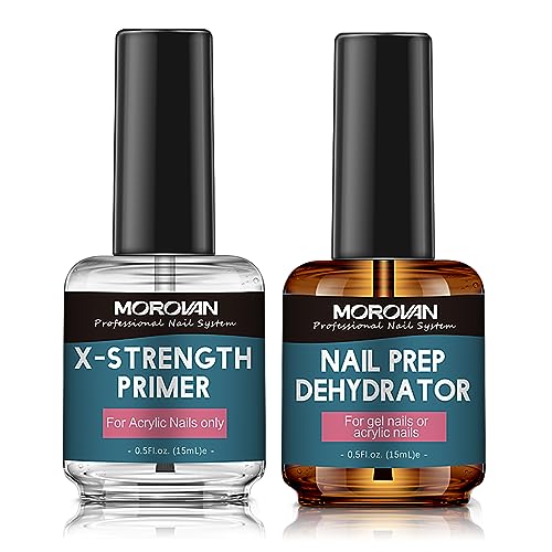 Morovan Nail Prep Dehydrator and Nail Primer X-strength, No Burn Non Acid Nail Primer and Dehydrator for Acrylic Powder Fast Dry 0.5oz Nail Primer Set