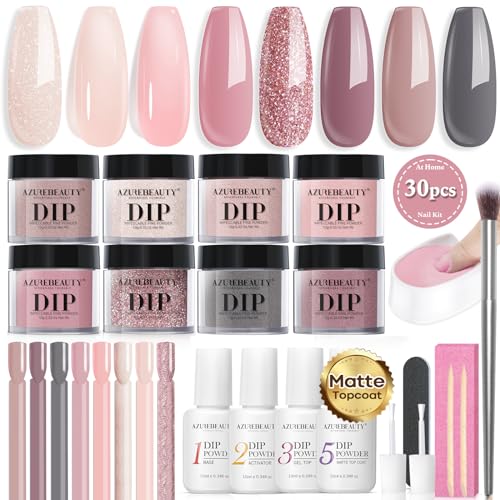 AZUREBEAUTY 30Pcs Dip Powder Nail Kit Starter with Nail Swatch Sticks, Translucent Nude Pink 8 Colors Dipping Liquid Set Added Matte Top Coat for Fall Winter Nail Art Manicure Salon DIY Home