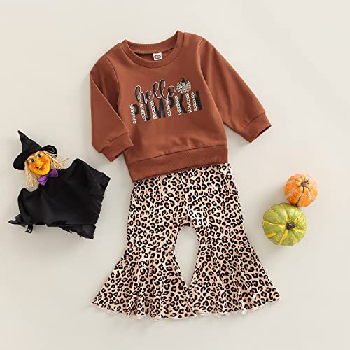 Baby Girl Bell Bottoms Halloween Clothes Set Letters Pumpkin Printed Long Sleeve Sweashirt Tops + Flared Pants (Hello Pumpkin, 12-18 Months)