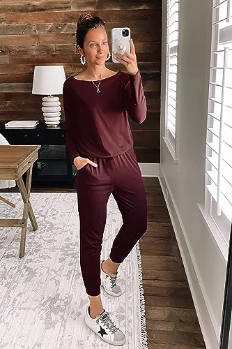 PRETTYGARDEN Women's Casual Long Sleeve Jumpsuit Crewneck Off Shoulder Elastic Waist Stretchy Romper (Wine Red,Medium)