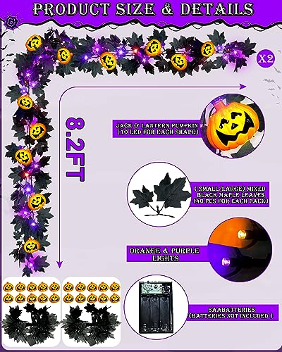 [Orange & Purple Lights] 2 Pack Black Halloween Garland Lights with 3D 20 Pumpkin Halloween Decorations Total 16.4Ft 40LED Black Maple Leaf Lights Hanging Garlands Battery Operated Home Indoor Home