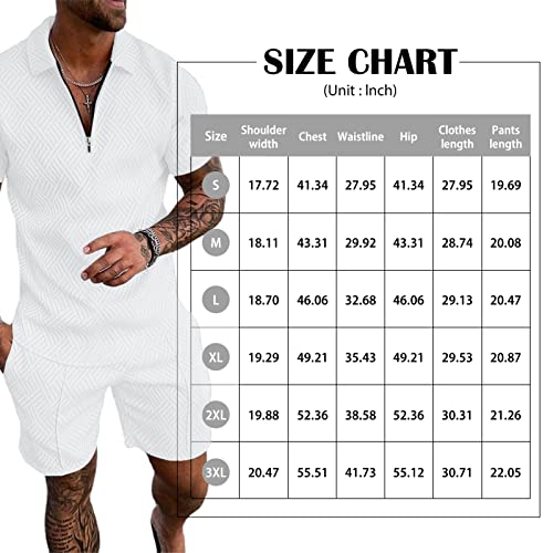 Aulemen Mens 2 Piece Zip Tracksuit Short Sleeve Print Polo Shirt and Shorts Sets Summer Outfits for Men White XL