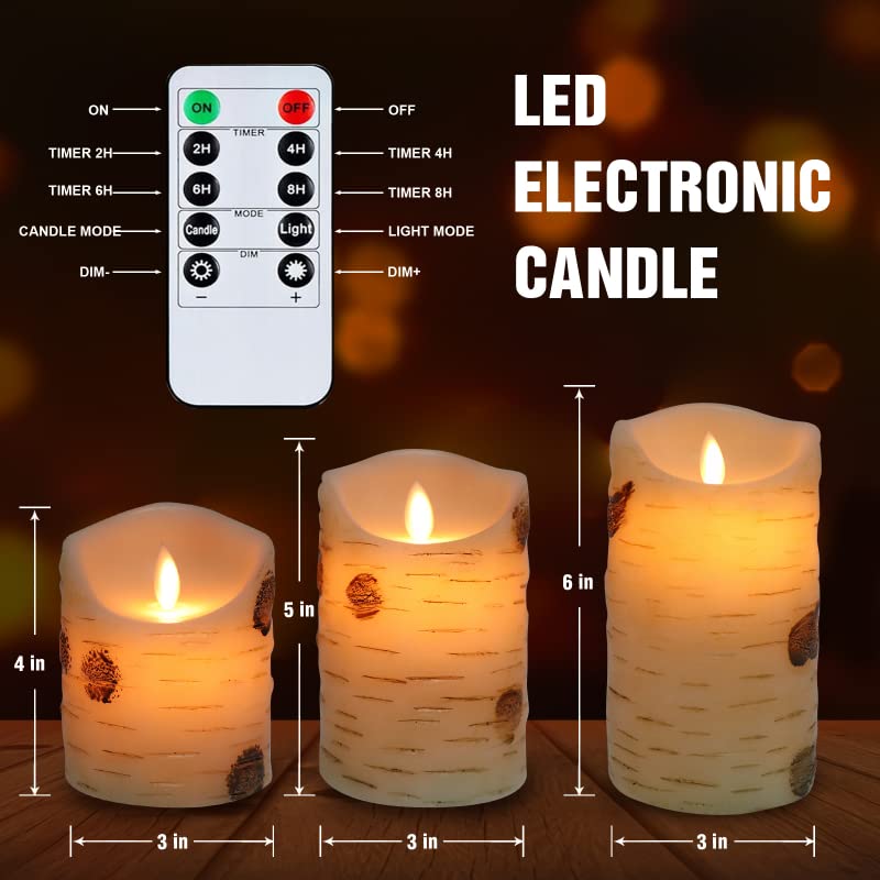 Flameless Candles with Remote Real Wax Bark LED Candles Set of 3 (H:4" 5" 6" D:3.2") Candles Battery Operated Pillar LED Candle Lights Set Home Decoration