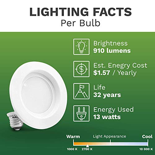 4 Pack Bioluz LED 4-inch 13 Watt 90 CRI Dimmable LED Retrofit Recessed Lighting Fixture - 2700K LED Ceiling Light - 910 Lumen Recessed Downlight UL-Listed JA8 CEC