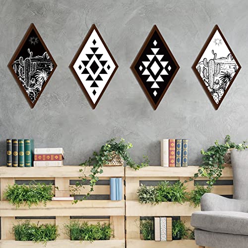 4 Pieces Aztec Wall Decor Farmhouse Home Wall Decor 11.8 x 6.7 inches Western Boho Wall Art Wooden Aztec Diamond Sign Cactus Wood Geometric Diamond Frame Wall Hanging for Bedroom Living Room (Cactus)