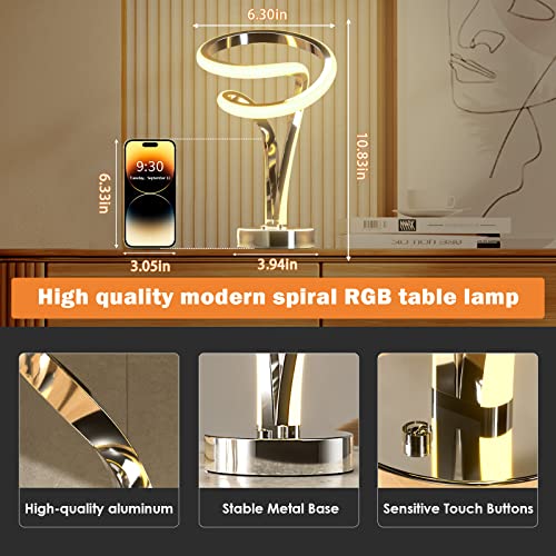 airnasa Modern Spiral RGB Table Lamp, Touch Dimmable LED Nightstand Lamp, 10 Light Modes Bedroom/Unique Lamps for Home Decor Living Room Bedroom Office, Cool Lamps for Ideal Gift, Silver