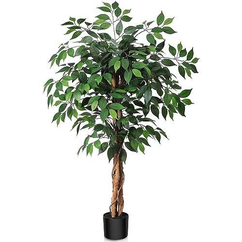 SOGUYI 4ft Artificial Ficus Tree with Natural Wood Trunk, Silk Fake Ficus Tree in Plastic Nursery Pot, Faux Plant for Office Home, Indoor Outdoor Decor, 1 Pack