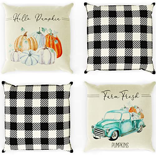 Farmhouse Fall Pillow Covers 18" x 18" - Four Modern Buffalo Plaid Farmhouse Design Throw Pillow Covers - These Pumpkin Decor Accents are The Perfect Addition to Your Indoor/Outdoor Home Decoration