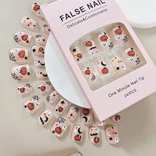 Halloween Fake Nails Short Square Cute Ghost Press on Nails Full Cover Stick on Nails with Pumpkin Moon Star Design False Nails Fall Thanksgiving Glossy Artificial Nails Acrylic Nails for Women Girls