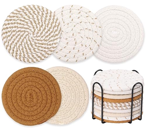 10 Pieces Boho Coasters for Drinks, Billbotk Absorbent Drink Coasters with Holder, Cute Coaster Set for Boho Home Decor, Apartment Decor Aesthetic, Living Room Essentials, 4.3 Inches