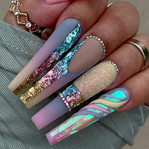 Extra Long Press on Nails Coffin Fake Nails Full Cover False Nails with Colorful Sequins Designs Acrylic Stick on Nails Rhinestones Matte with Glue on Nails for Women 24Pcs