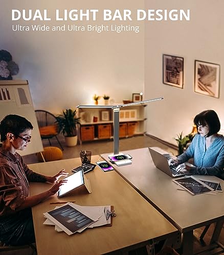 HSicily LED Desk Lamp with Wireless Charger, Dual Swing Arm Desk Lamps for Home Office, Modern Desk Lamp with USB Charging Port for College Dorm Room, 5 Light Modes Desk Light with Timer, Night Light