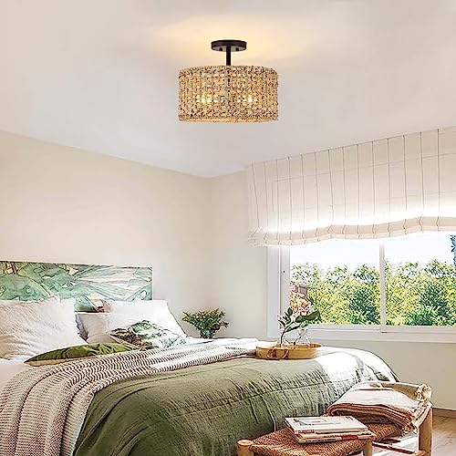 Rattan Semi Flush Mount Ceiling Light Fixture,Boho Hand Woven Wicker Shade Rattan Chandeliers,3-Lights Black Farmhouse Rustic Close To Ceiling Lighting Fixtures For Bedroom Living Room Kitchen Hallway