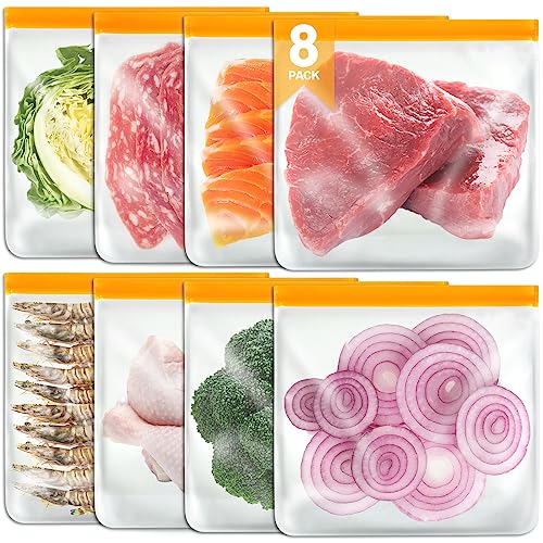 8 Pack Gallon Freezer Bags, Reusable Ziplock Bags Silicone Bags Reusable Food Storage Bags, Large Zip Lock Bags Gallon, Lunch Home Fridge Kitchen Organization and Storage Meal Prep Freezer Containers