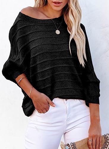 Dokotoo Womens Fall 2023 Sweater Business Casual Clothes Fashion Off The Shoulder Crew Neck Sweaters for Women Batwing Long Sleeve Ribbed Knit Pullovers Long Tunic Tops Black Medium