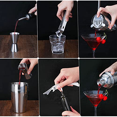 Cocktail Shaker Set Bartender Kit, Godmorn 15Pcs Bartender Shaker Set, 304 Stainless Steel Martini Shaker and Strainer, 550ml /19OZ Bar Tool Set with Bamboo Stand, Recipe Book, for Home and Bar