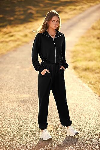 PRETTYGARDEN Women's 2 Piece Tracksuit Outfits Long Sleeve Zip Up Sweatshirt Drawstring Sweatpants Lounge Set (Black,Medium)