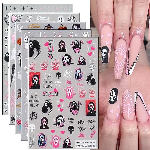 JMEOWIO 6 Sheets Pink Halloween Nail Art Stickers Decals Self-Adhesive Pegatinas Uñas Cute Skull Horror Ghost Witchy Spider Web Bat Spook Nail Supplies Nail Art Design Decoration Accessories