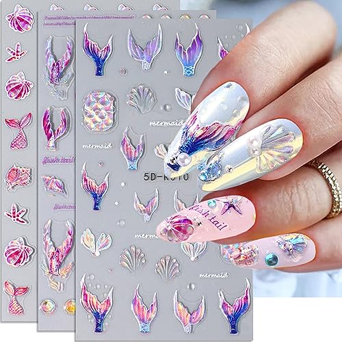5D Summer Nail Art Stickers, 5D Embossed Holographic Mermaid Nail Decals Mermaid Jellyfish Starfish Ocean Nail Art Supplies Luxurious Summer Nail Design for Women Manicure Decoration(4 Sheets)