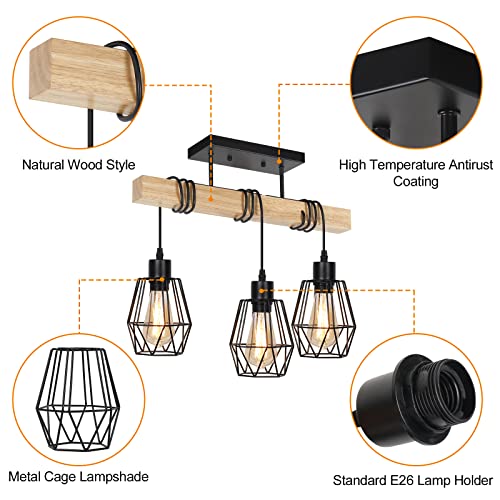 3-Light Semi Flush Mount Ceiling Light Fixture, Rustic Farmhouse Lighting with Black Metal Lampshade and Solid Wood, Chandelier Ceiling Lamp for Kitchen Bedroom Living Room Bathroom Hallway Entryway