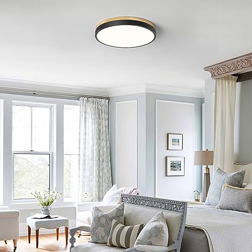 Vikaey Modern Wood LED Ceiling Light Fixture, Simple Black Flush Mount Ceiling Lamps, Circle Close to Ceiling Lighting Fixtures for Living Room, Bedroom, Dining Room, Kitchen, Laundry Room (11.8")