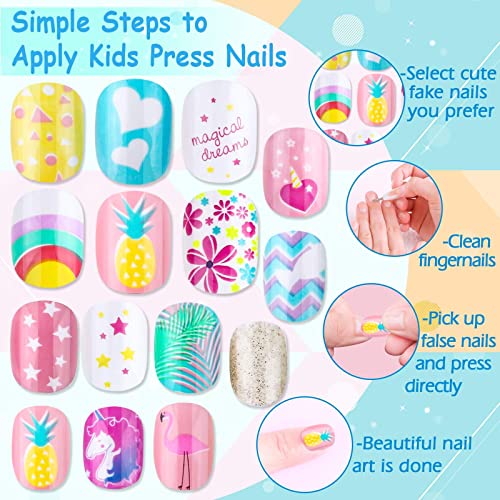 144 Pieces Press on Nails Grils, Thrilez Children Fake Artificial False Nail Tips Pre Glue Full Cover Short Acrylic Nails for Girls Kids Nail Art Decoration (Rainbow Sky)