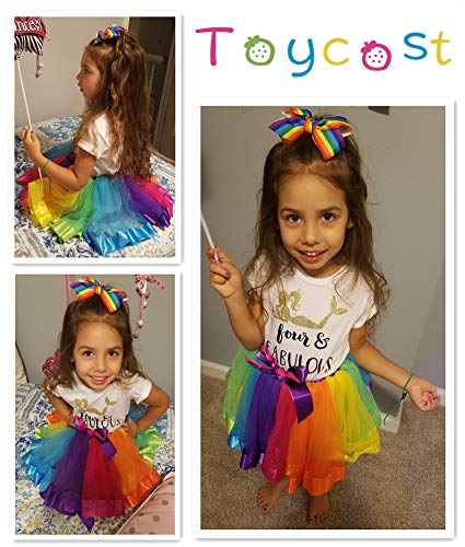 Toycost Layered Rainbow Tutu Skirt Costumes Set with Hair Bows Clips and Satin Sash for Girls Birthday Party Dress up