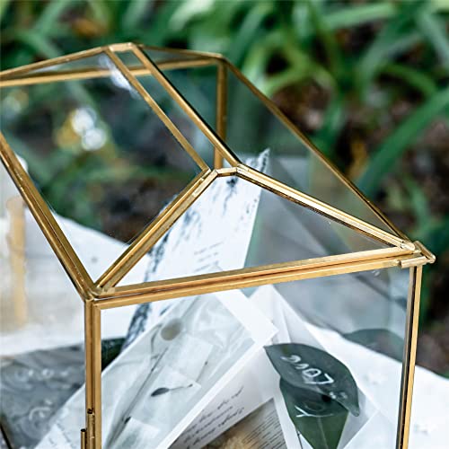 NCYP Gold Glass Cards Box with Slot and Lock for Wedding Reception - 10.2x5.9x7.9 Inches - Birthdays Party Card Holder, Home Geometric Decorative Box, Large Clear Terrarium (Glass Box Only)