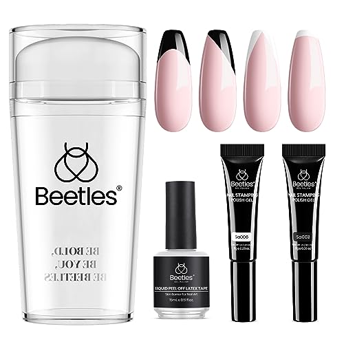 Beetles Stamp Gel 4Pcs Silicone Nail Stamp Kit with 2 Nail Stamper Polish Gel, Liquid Latex Tape and Long Silicone Stamper French Tip Nail Tool for Home Manicure Diy Nail Art Salon