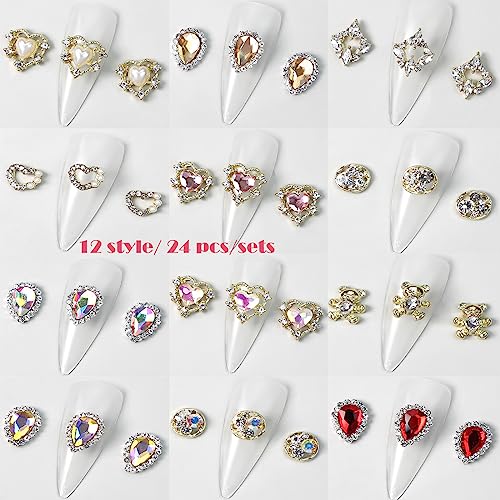 KACHIMOO 24pcs Luxury Nail Charms Laser Design Heart Nail Charm Alloy Gold Nail Art Rhinestones Nail Gems Shiny Nail Art Supplies for Women DIY