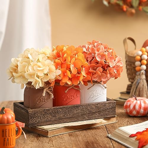 2023 Fall Mason Jars, Fall Centerpiece Table Settings, Wood Tray with 3 Painted Jars, Dining Coffee Table Centerpiece For Kitchen Living Room Harvest Mason Jar Decor with Flowers, Thanksgiving Day