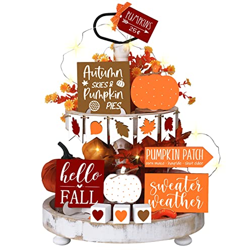 15 Pcs Fall Tiered Tray Decor Set Hello Fall Decor Autumn Wood Signs Thanksgiving Orange Brown Table Signs Wooden Maple Pumpkin Garland Football for Festival (Autumn)