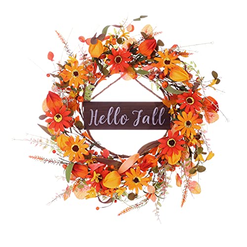 Artificial Fall Wreath with “Hello Fall” Sign,20” Autumn Front Door Wreath Fall Flower Wreath with Pumpkin and Berry for Home Farmhouse Wall Window and Thanksgiving Decor-Beautiful Gift Box Included