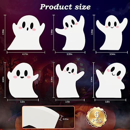 6 Pcs Halloween Decorations White Ghost Miniature Wooden Signs Cute Distressed Cutouts Whimsical Fall Table Centerpieces for Manterl Shelf Tiered Tray Home Kitchen Party Decor