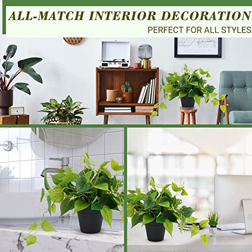 JPSOR Faux Plants for Home Décor, Small Indoor Fake/Artificial Potted Plants Pothos with Black Plastic Pot for Outdoor Living Room Bedroom Office Garden