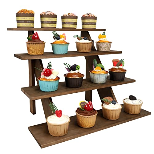 ZYP 4-Tier Wooden Retail Display Riser Wooden Display Stand Cupcake Stands Tool Free Rustic Risers Table Display Stand for Vendors Home Wedding Party,Brown