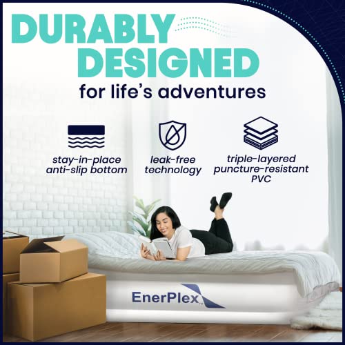 EnerPlex Queen Air Mattress with Built-in Pump - 16 Inch Double Height Inflatable Mattress for Camping, Home & Portable Travel - Durable Blow Up Bed with Dual Pump - Easy to Inflate/Quick Set Up﻿