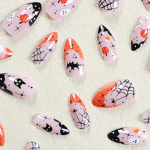 Halloween Nails French Tip Press on Nails Short Almond Fake Nails Nude Pink False Nails with Cute Ghosts and Pumpkins Pattern Designs Full Cover Glossy Acrylic Nails for Women 24 Pcs