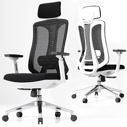 Fradiett Ergonomic Desk Office Chair, High Back Mesh Computer Chair with 3D Armrest, Adjustable Lumbar Support & Headrest, Gaming Chair with Tilt Function, White Executive Swivel Chair for Home Office