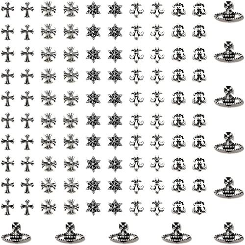 110Pcs Cross Nail Charm 3D Nail Charms for Acrylic Nails Punk Vintage Metal Silver Gold Nail Rhinestones Planet Nail Gems Nail Art Supplies for DIY Nail Decorations (Retro Silver)