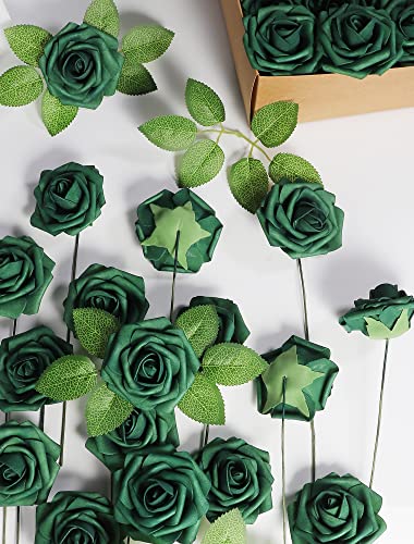 Jdsour 50pcs Artificial Flower，Real Touch Fake Roses w/Stem DIY for Wedding Bridal Bouquet Centerpieces Party Baby Shower Home Decorations (50pcs- Green boxpack)