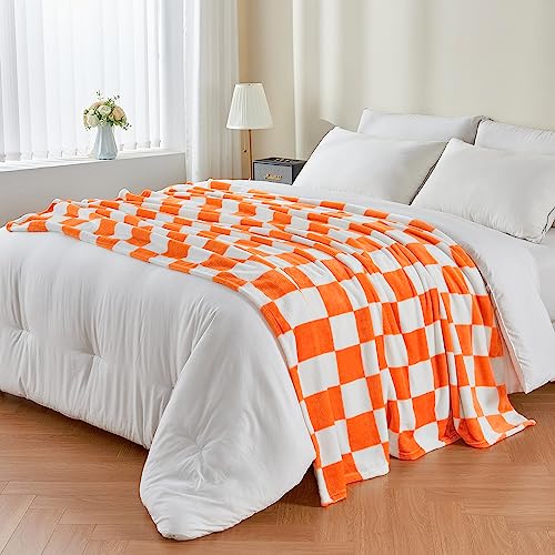 BEDELITE Checkered Throw Blanket for Couch and Bed, Luxurious Decorative Fleece Blanket with Checkerboard Grid Home Decor, Soft and Cozy Orange and White Fall Throw Blanket, 50"x60"