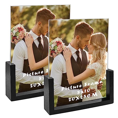 8x10 Black Picture Frame 2 Pack，Rustic Double Sided Frames Made of Solid Wood Base and Tempered Glass Cover, Photo Menu Sign Card Holder Stand for Desk Tabletop Display, Gift for Family and Friends