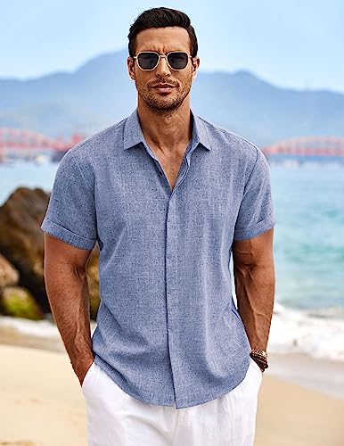 COOFANDY Men's Linen Shirt Casual Shirts Short Sleeve Shirts Button Down Linen Beach Shirts for Men Summer Outfit