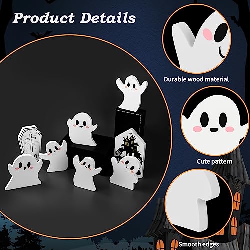 6 Pcs Halloween Decorations White Ghost Miniature Wooden Signs Cute Distressed Cutouts Whimsical Fall Table Centerpieces for Manterl Shelf Tiered Tray Home Kitchen Party Decor