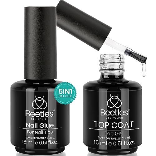 beetles Gel Polish 5 in 1 Nail Glue Base Gel and No Wipe Top Coat Kit 2PCS 15ML for Gel Nails and Gel Nail Polish Easy Nail Extension Gel, Soak Off LED Gel Shine Finish and Long Lasting