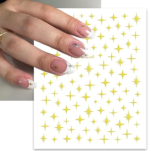 6 Sheets Silver Star Nail Art Stickers Decals 3D Stars Self-Adhesive Laser Gold Black White Nail Stickers with 4 Point Rose Gold Stars Nail Designs Nail Art Supplies for Women Girl Nail Decorations